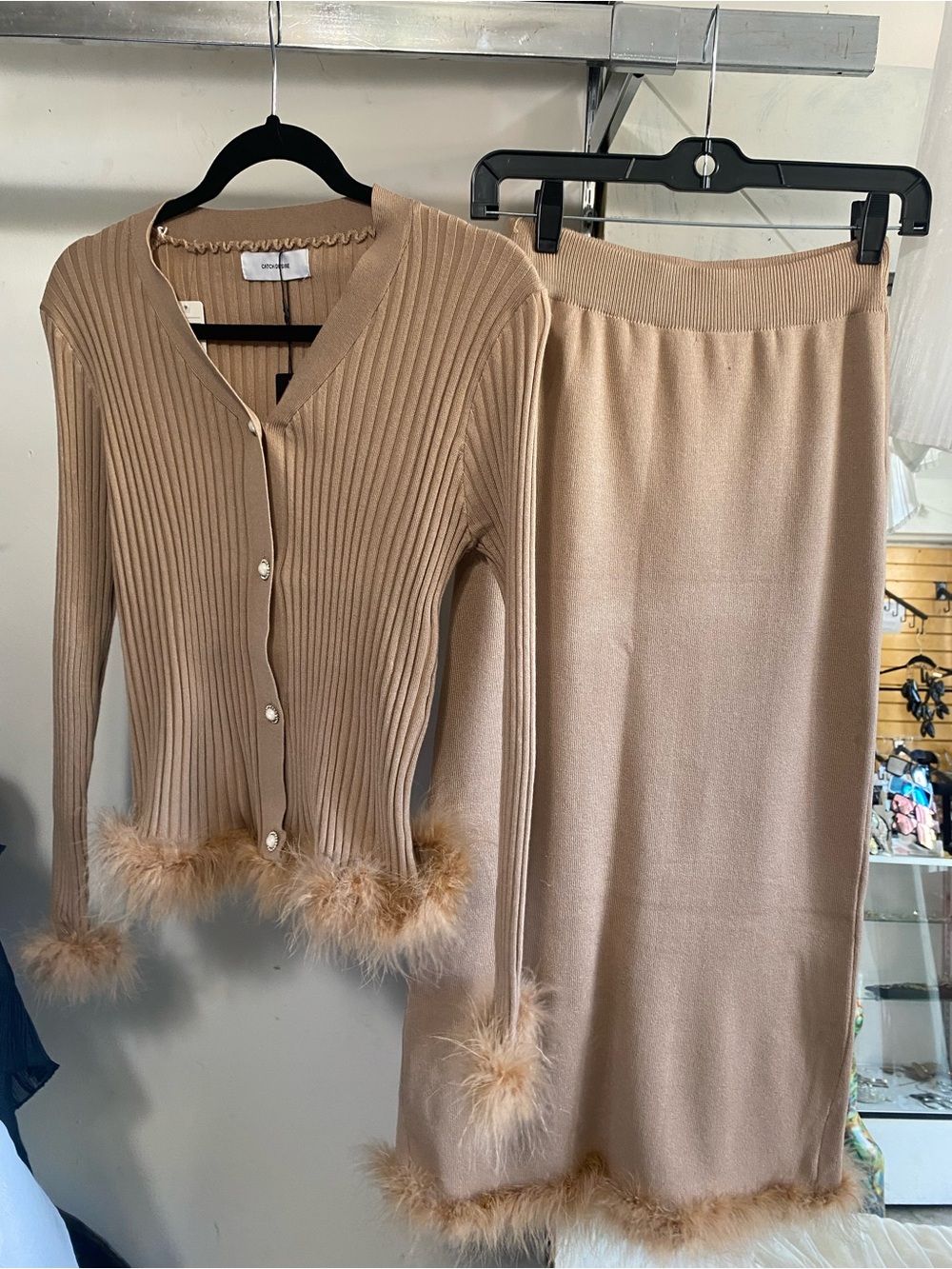 Beige Feather-Trim Knit Midi Skirt - Women
